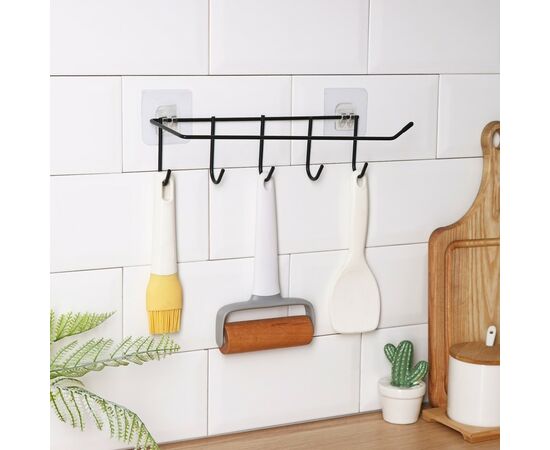 Держатель для кухонных принадлежностей настенный Доляна, 5 крючков, 28×8×8 см, чёрный 5168773