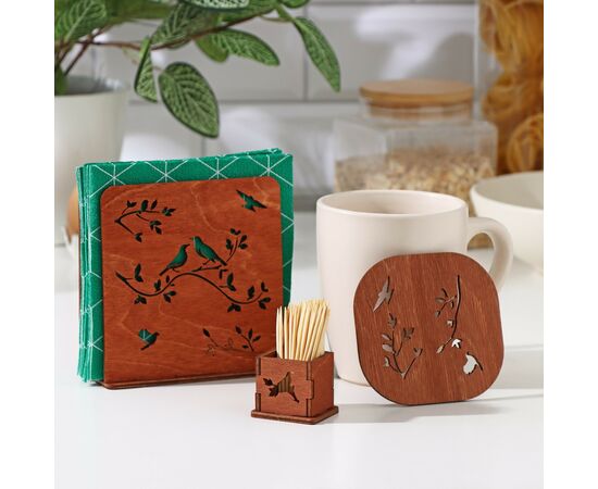 Набор для сервировки «Сказка», салфетница, подставка под горячее, под зубочистки коричн, 9428877, изображение 2