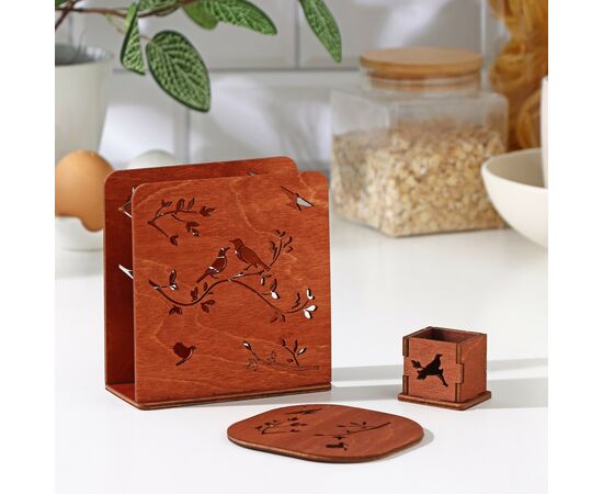 Набор для сервировки «Сказка», салфетница, подставка под горячее, под зубочистки коричн, 9428877