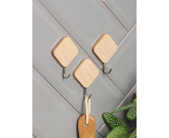 Крючки самоклеящиеся 3 шт, Доляна «Деревянные ромбы» светлое дерево 4587442, изображение 3